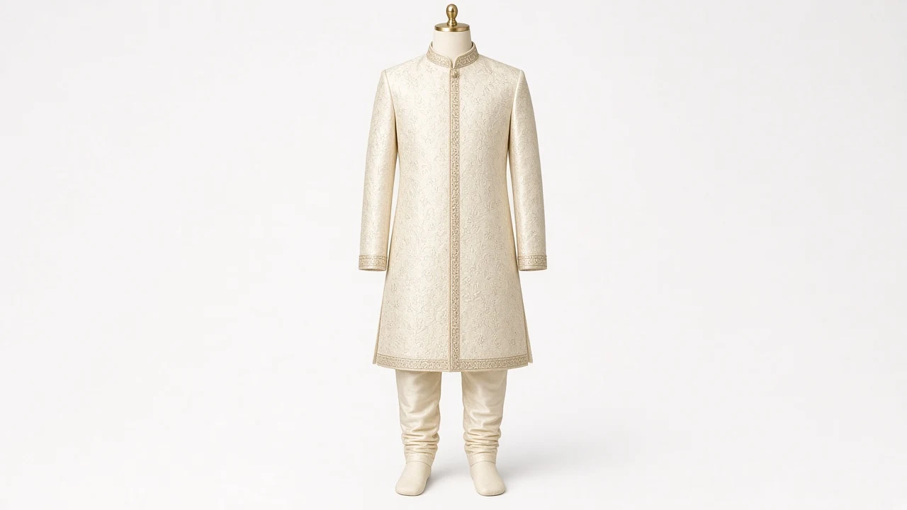 Cream Banarasi Wedding Guest Sherwani – Boys' Cream Banarasi Wedding Guest Sherwani + Churidar | Custom Tailored Kids