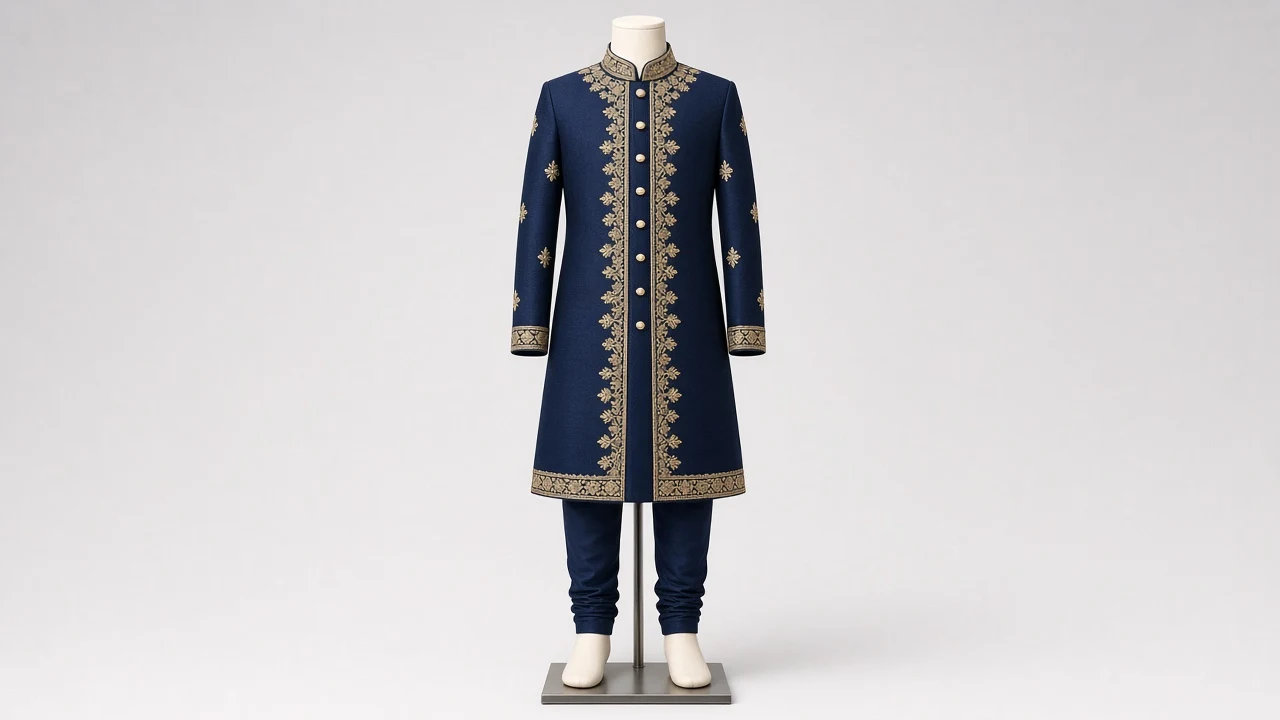 Navy Zari Festive Sherwani – Boys' Navy Zari Festive Sherwani + Churidar | Custom Tailored Kids