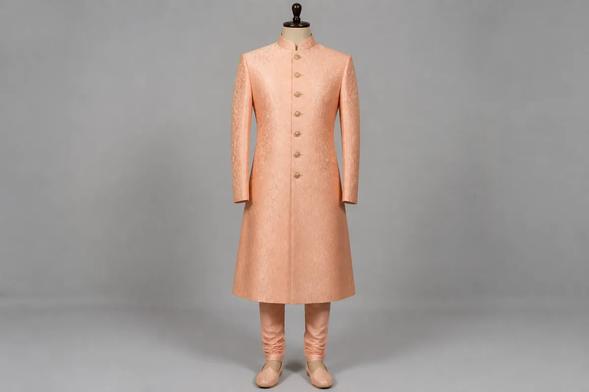 Peach Silk Sherwani – Men's Peach Silk Festive Sherwani + Churidar | Custom Tailored