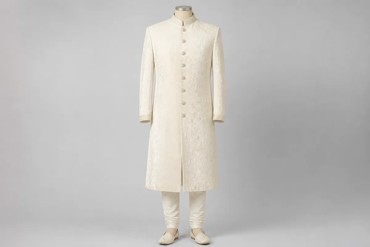 Ivory Velvet Sherwani – Men's Ivory Velvet Festive Sherwani + Churidar | Custom Tailored