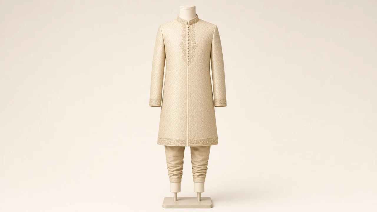 Champagne Jacquard Festive Sherwani – Boys' Champagne Jacquard Sherwani + Churidar | Custom Tailored Kids