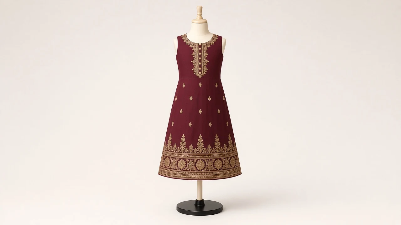 Maroon Embroidered Neck Frock – Maroon Embroidered Kids Ethnic Frock | Custom Tailored