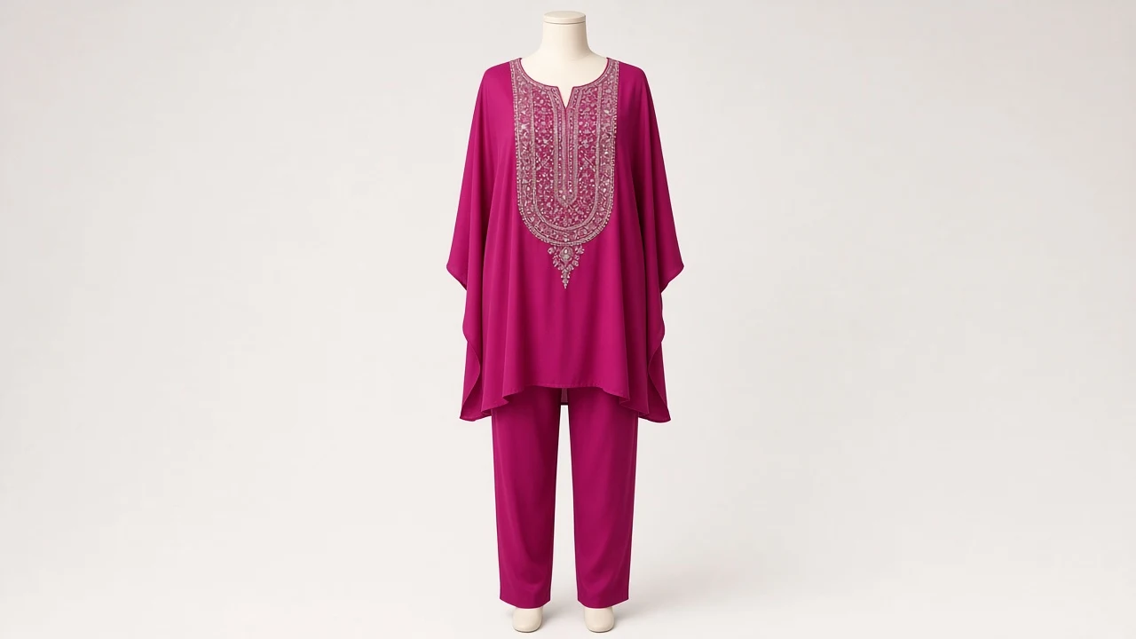 Magenta Stone Work Kaftan Set – Magenta Heavy Stone Kaftan with Matching Trousers | Custom Tailored