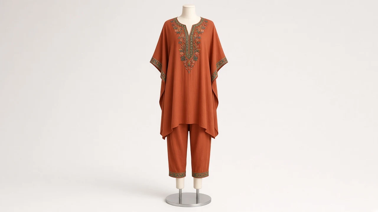 Orange Rust Ethnic Kaftan Set – Rust Orange Ethnic Embroidered Kaftan with Matching Trousers | Custom Tailored