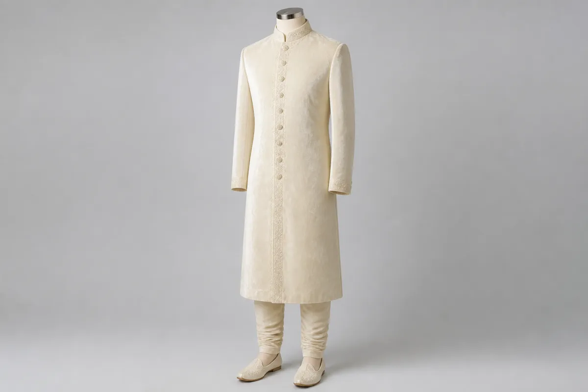 Cream Velvet Sherwani – Men's Cream Velvet Festive Sherwani + Churidar | Custom Tailored