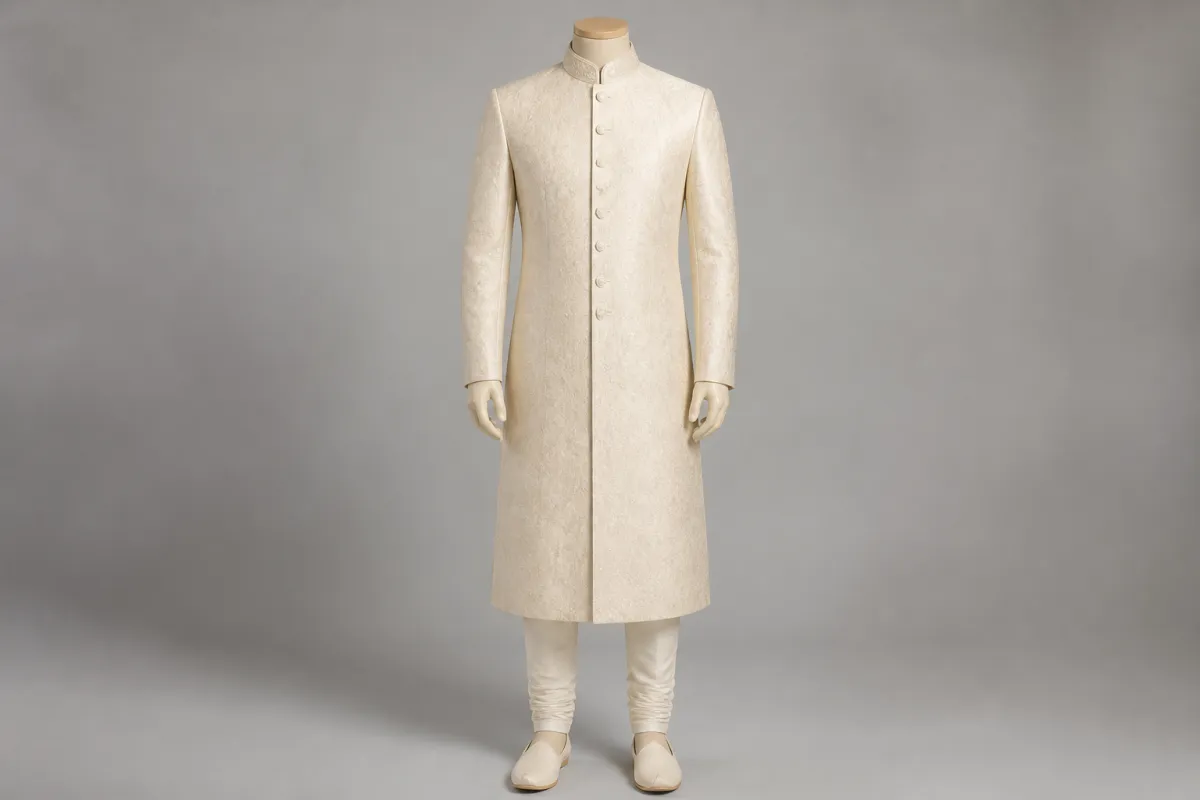 Cream Banarasi Sherwani – Men's Cream Banarasi Wedding Sherwani + Churidar | Custom Tailored