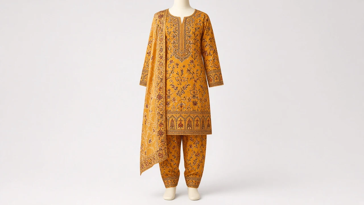 Turmeric Orange Kalamkari Salwar Kameez – Girls Cotton-Silk Hand-Print Set | Custom Tailored Kids