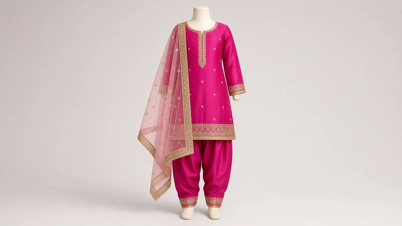 Fuchsia Gota Patiala Kameez – Girls Bright Fuchsia Silk Patiala with Gota Lace | Custom Tailored Kids