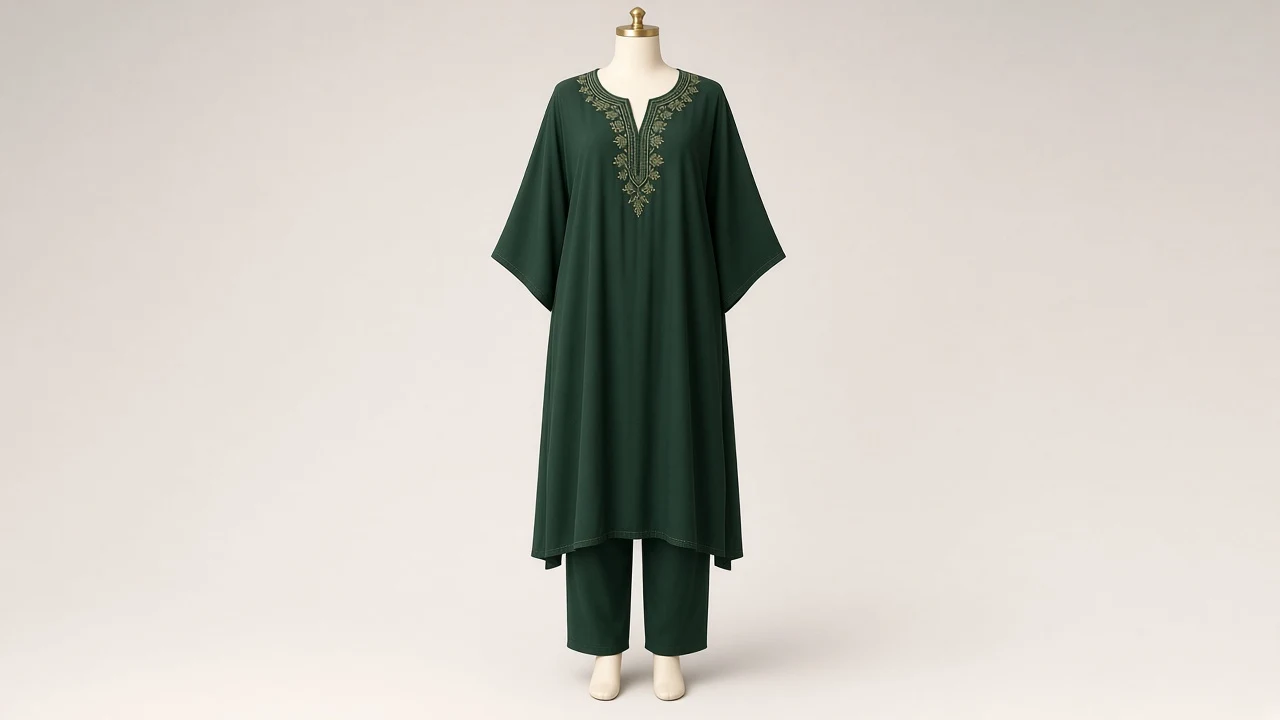 Forest Green Embroidered Kaftan Set – Forest Green Thread-Embroidered Kaftan with Matching Trousers | Custom Tailored