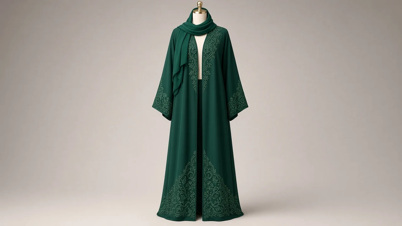 Emerald Green Embroidered Abaya – Emerald Nida Abaya with Thread Embroidery | Custom Tailored
