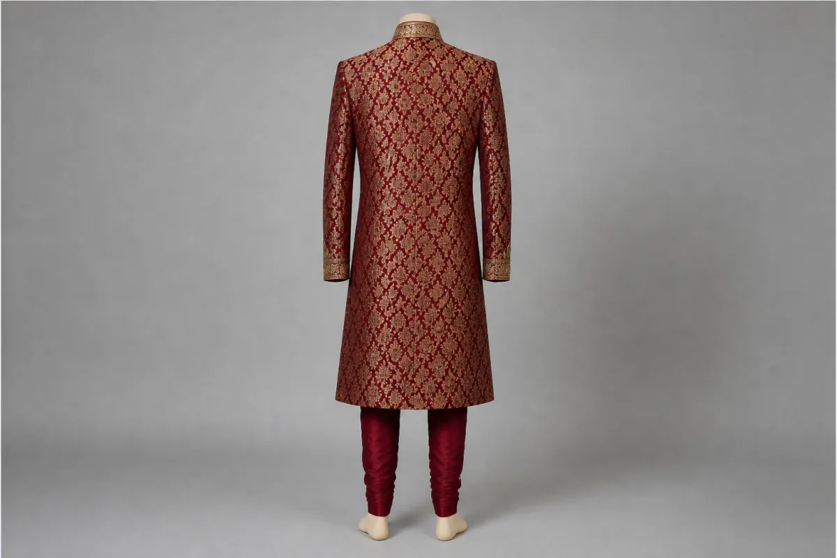 Maroon Zari Sherwani – Men's Maroon Zari Wedding Sherwani + Churidar | Custom Tailored