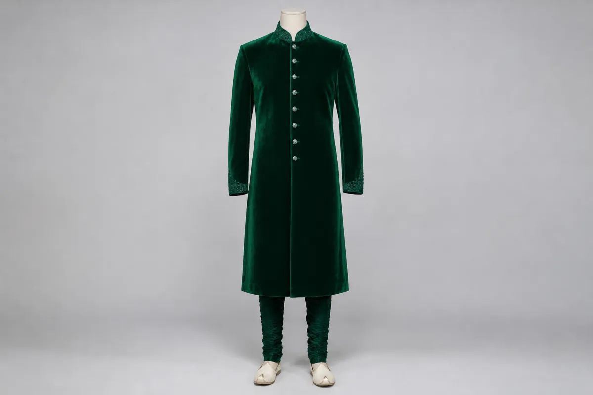 Emerald Velvet Sherwani – Men's Emerald Velvet Festive Sherwani + Churidar | Custom Tailored
