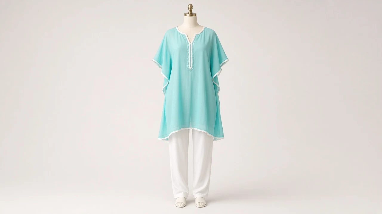 Aqua Blue Beach Kaftan Set – Aqua Blue Lightweight Beach Kaftan with White Trousers | Custom Tailored