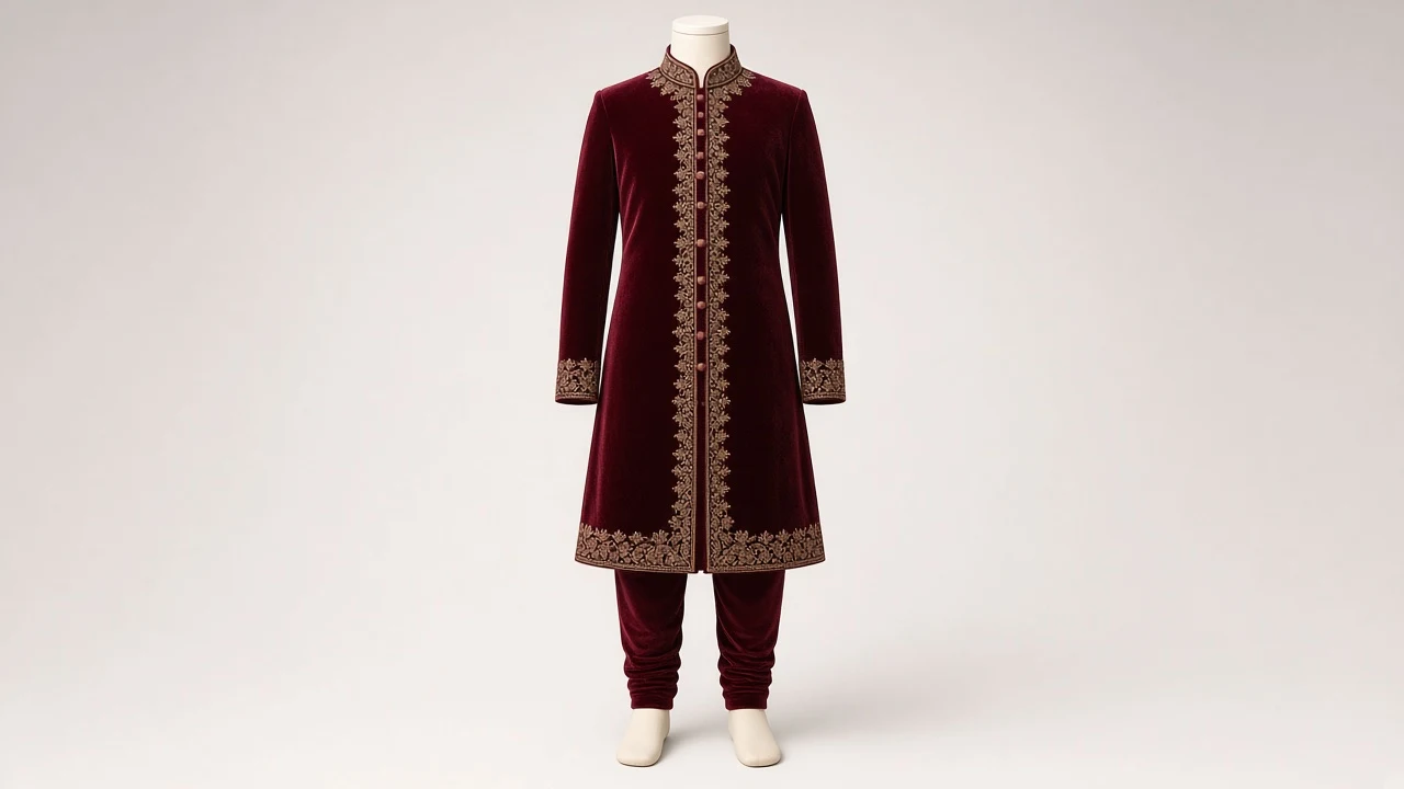 Wine Velvet Winter Sherwani – Boys' Wine Velvet Festive Sherwani + Churidar | Custom Tailored Kids