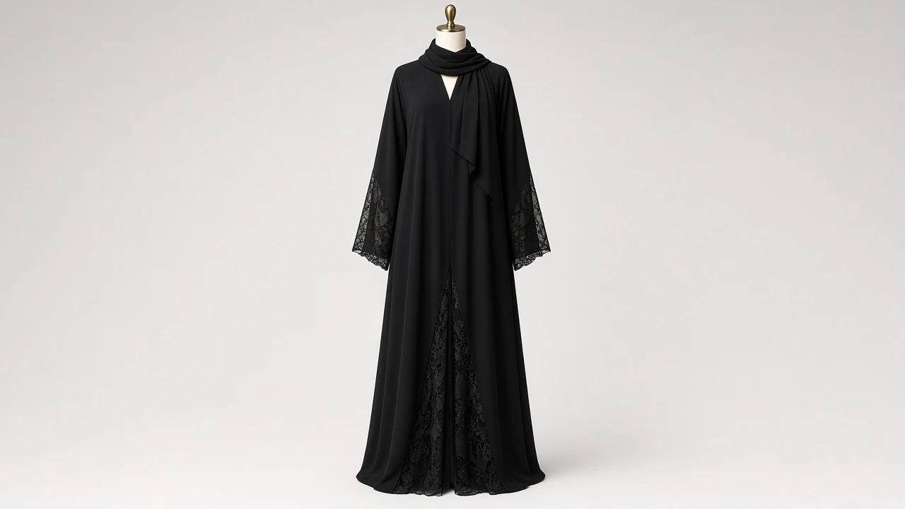 Black Lace Insert Abaya – Black Nida Abaya with Subtle Black Lace Panel Inserts | Custom Tailored