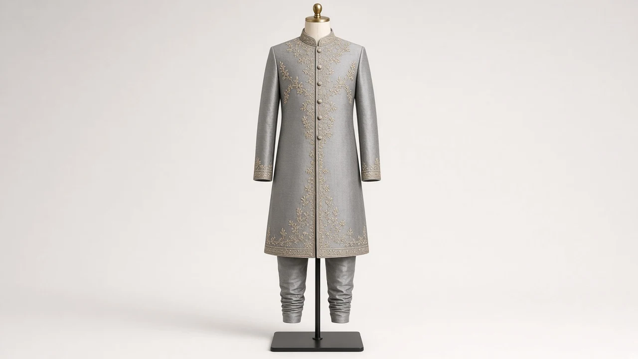 Grey Silk Festive Sherwani – Boys' Grey Silk Festive Sherwani + Churidar | Custom Tailored Kids