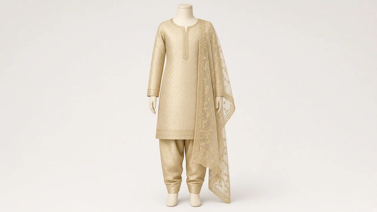 Gold Metallic Tissue Festive Kameez – Girls Champagne Gold Brocade Salwar Set | Custom Tailored Kids
