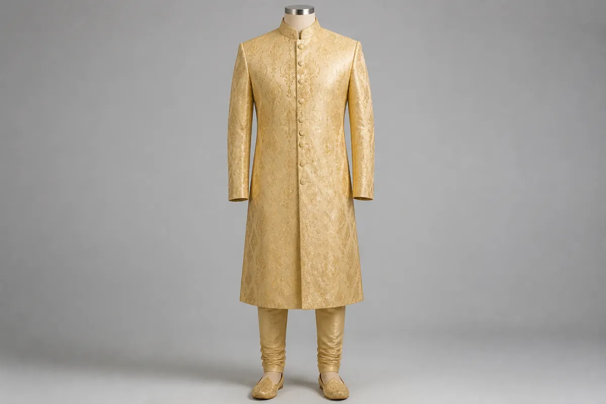 Gold Banarasi Sherwani – Men's Gold Banarasi Wedding Sherwani + Churidar | Custom Tailored