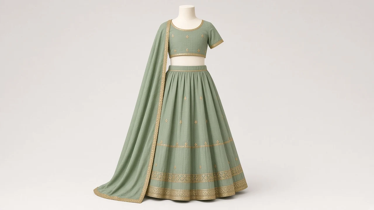 Sage Green Cotton Festive Lehenga – Girls Sage Green Cotton Lehenga with Gota | Custom Tailored
