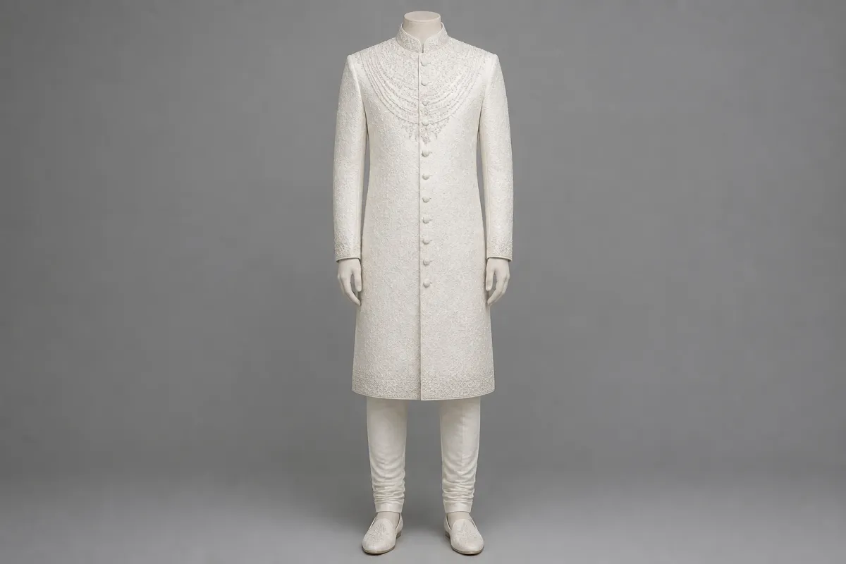 White Pearl Work Sherwani – Men's White Pearl Work Wedding Sherwani + Churidar | Custom Tailored