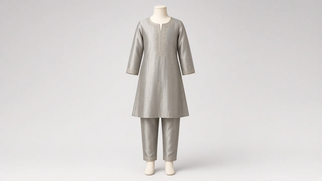 Silver Grey Silk Kurti Set – Girls Silver Grey Soft Silk Kurti with Pants | Custom Tailored