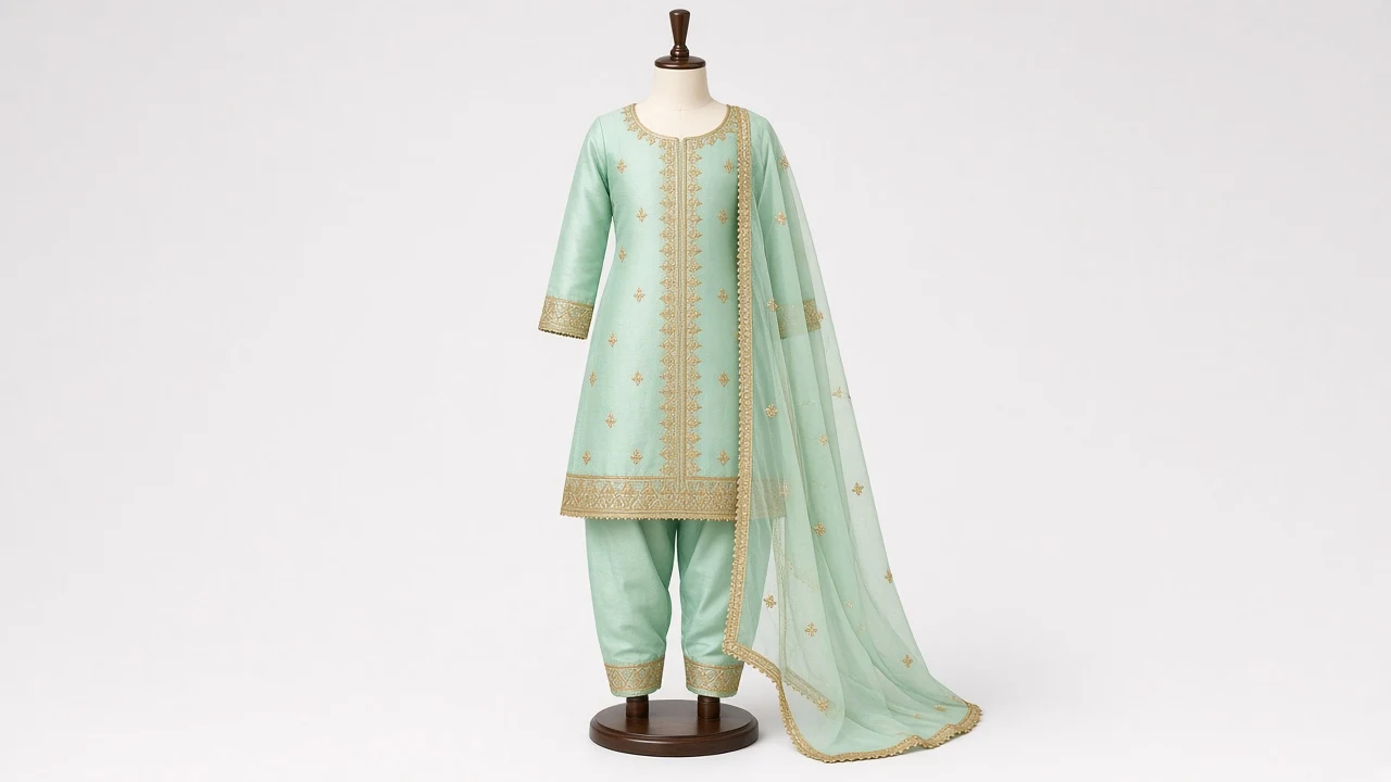 Mint Green Gota Salwar Kameez – Girls Mint Green Silk with Gold Gota Border | Custom Tailored Kids