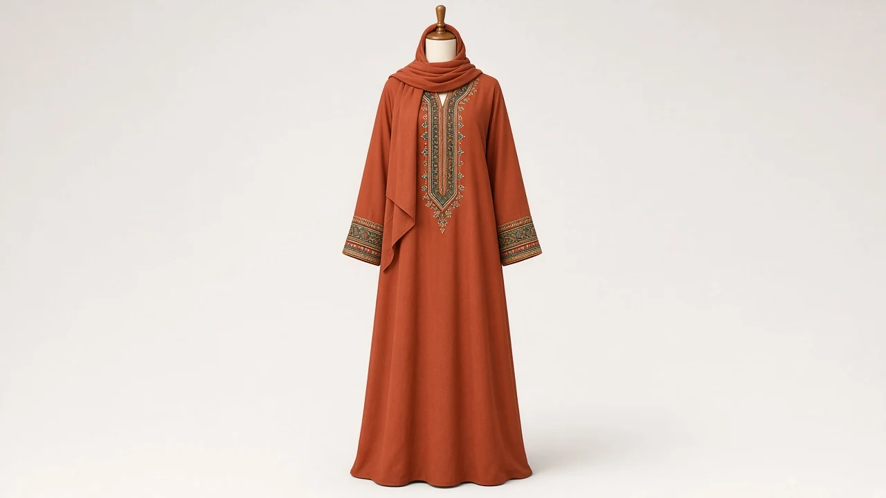 Rust Orange Ethnic Abaya – Rust Terracotta Abaya with Traditional Sindhi Embroidery | Custom Tailored