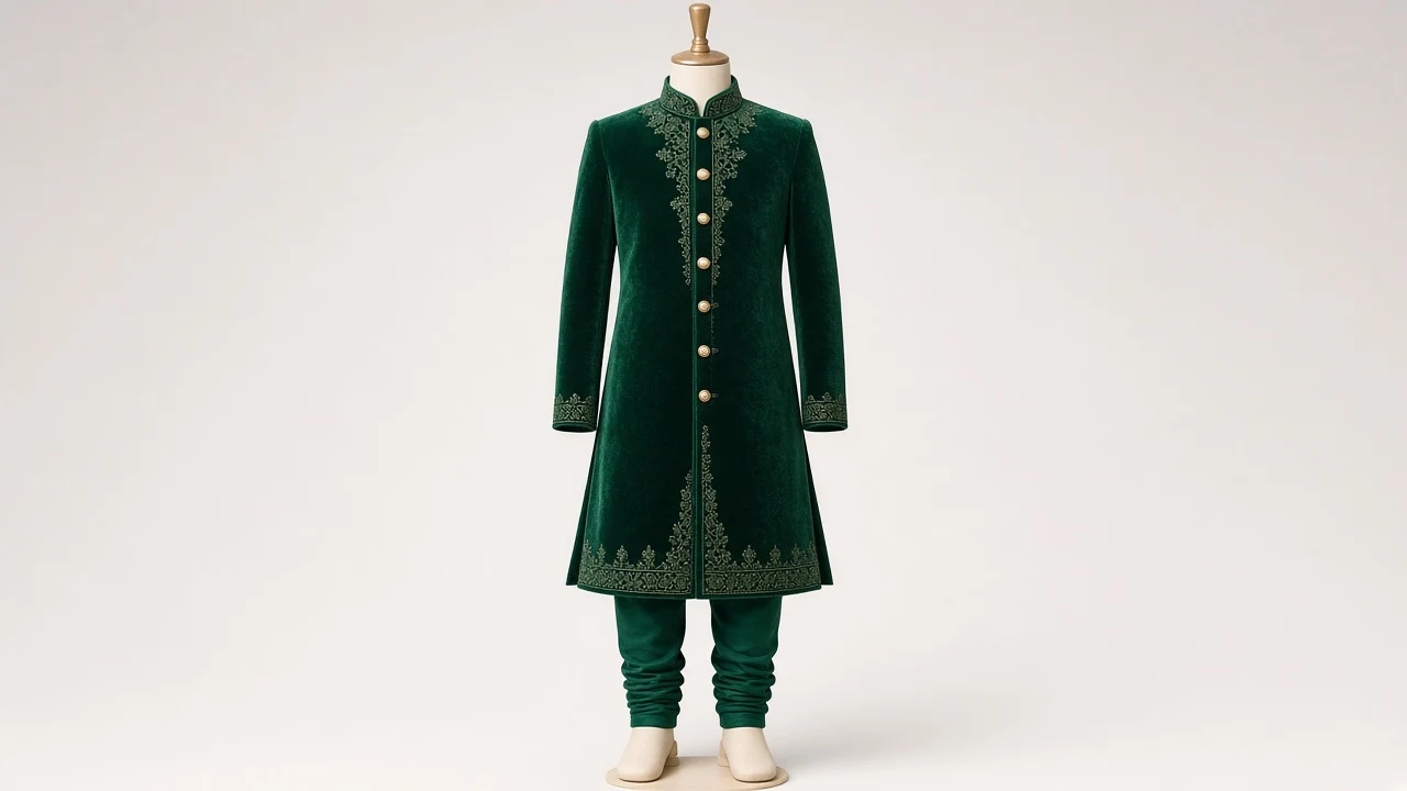 Emerald Velvet Festive Sherwani – Boys' Emerald Velvet Festive Sherwani + Churidar | Custom Tailored Kids