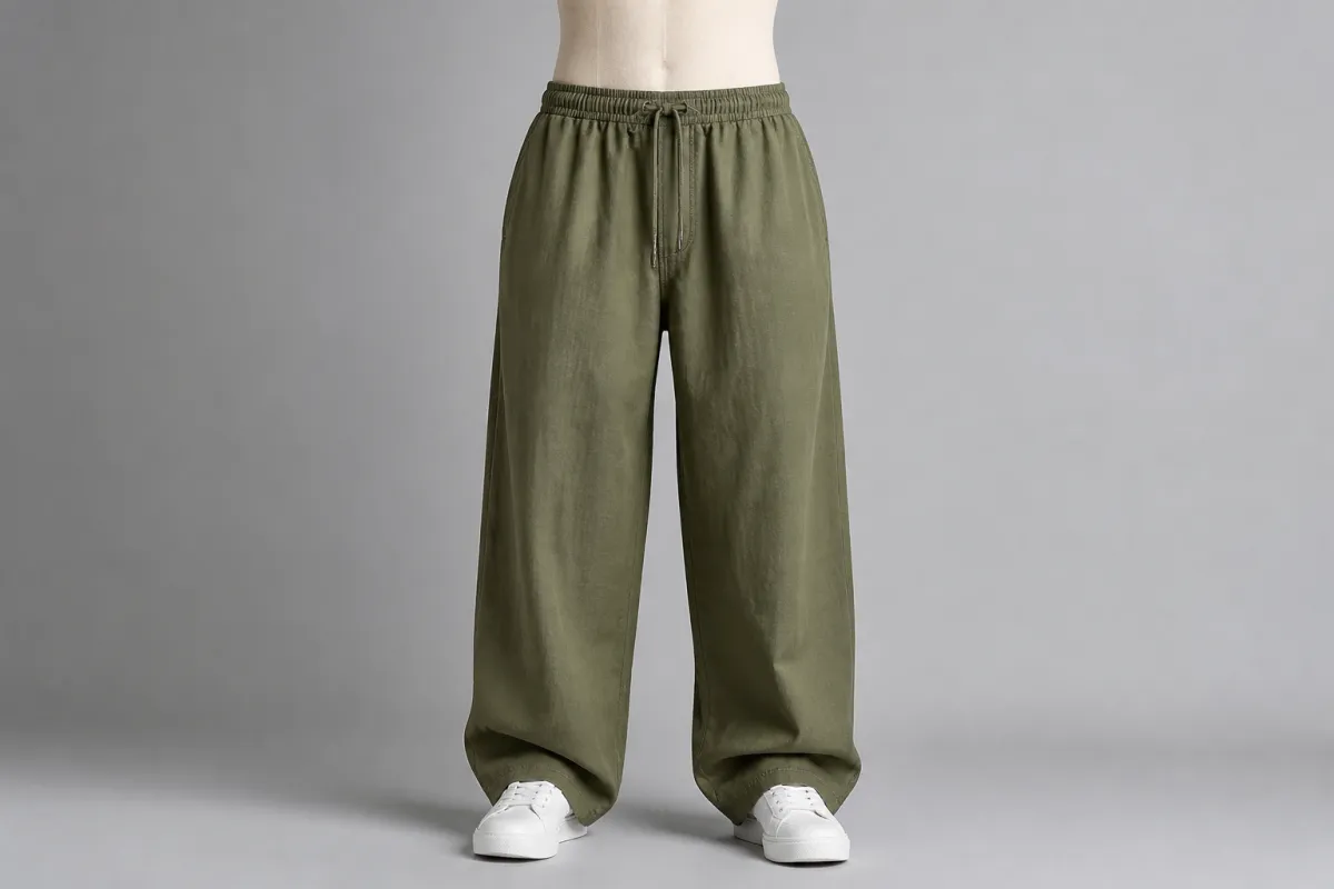 Olive Drawstring Baggy Pants – Olive Cotton Loose Drawstring Pants | Custom Tailored