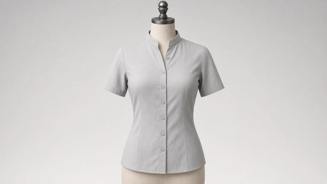 Soft Grey Cotton Band Collar Half Sleeve Shirt - Women's Solid Grey Band Collar Shirt | Custom Tailored