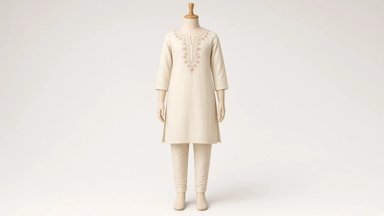Cream Embroidered Kurti Set – Girls Cream Thread-Embroidered Kurti with Pants | Custom Tailored