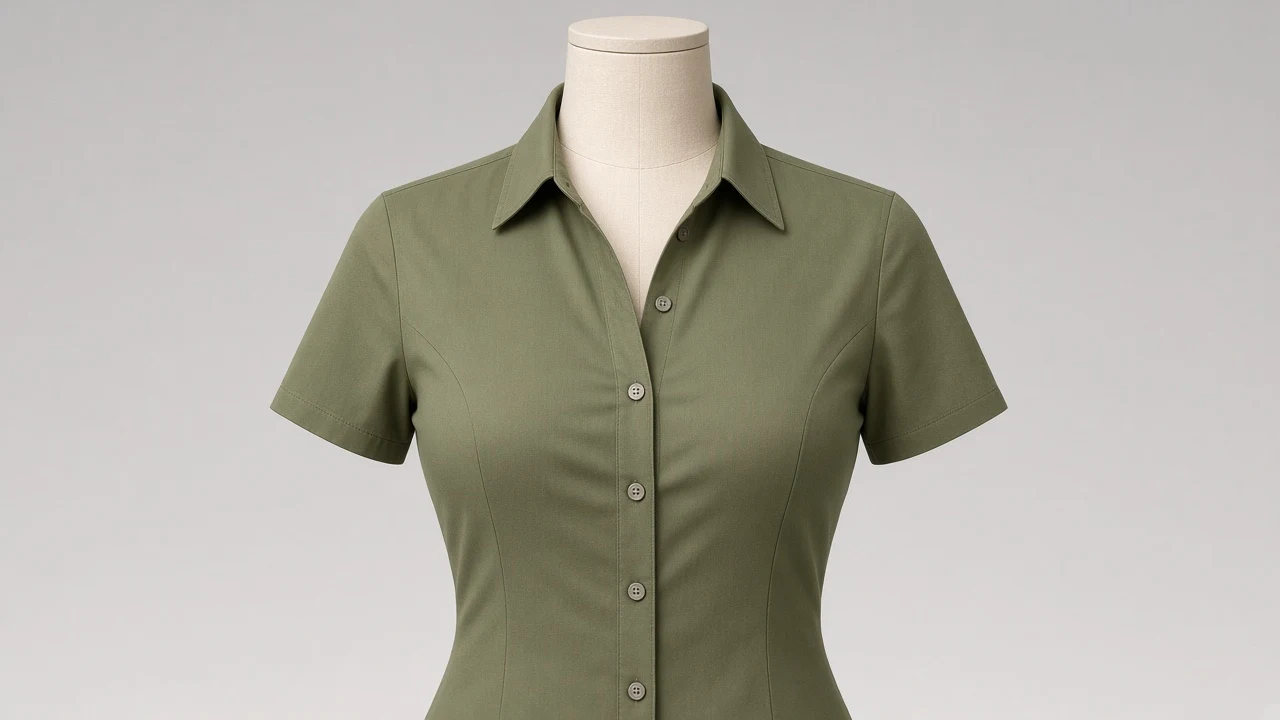 Olive Cotton Twill Point Collar Half Sleeve Shirt - Women's Solid Olive Twill Shirt | Custom Tailored