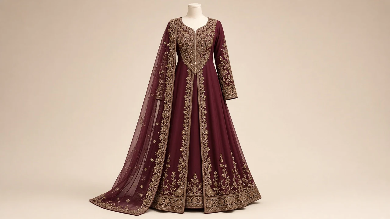 Deep Maroon Bridal Abaya – Maroon Heavy Dabka Zardozi Bridal Walima Abaya | Custom Tailored