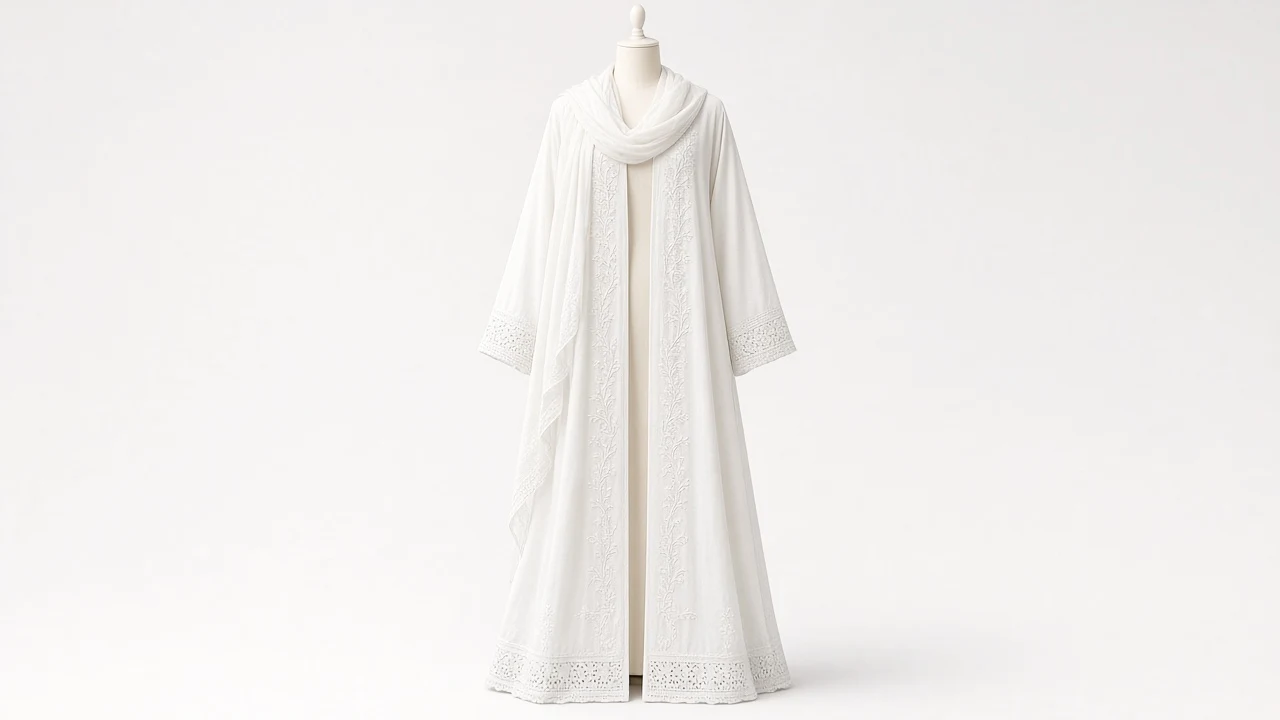 White Chikankari Abaya – Pure White Abaya with Lucknowi Chikankari Handwork | Custom Tailored