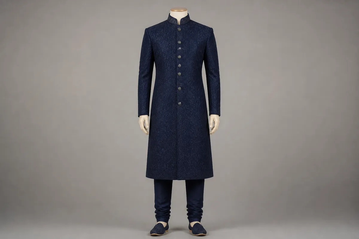 Midnight Blue Brocade Sherwani – Men's Midnight Blue Brocade Sherwani + Churidar | Custom Tailored