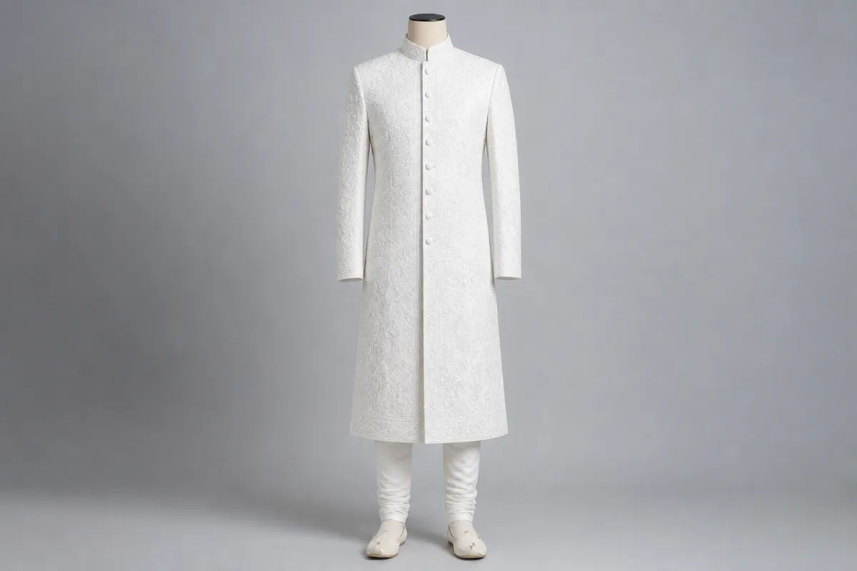 White Chikankari Sherwani – Men's White Chikankari Sherwani + Churidar | Custom Tailored