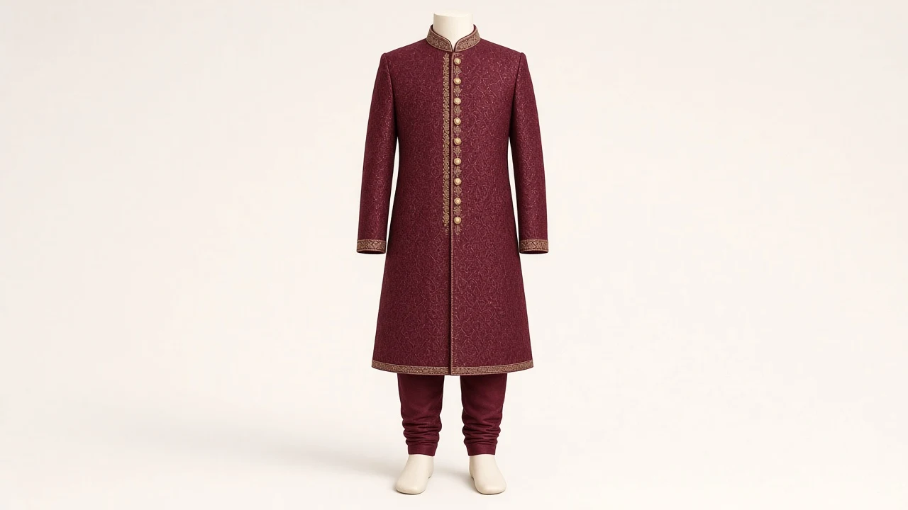 Maroon Banarasi Wedding Sherwani – Boys' Maroon Banarasi Wedding Sherwani + Churidar | Custom Tailored Kids