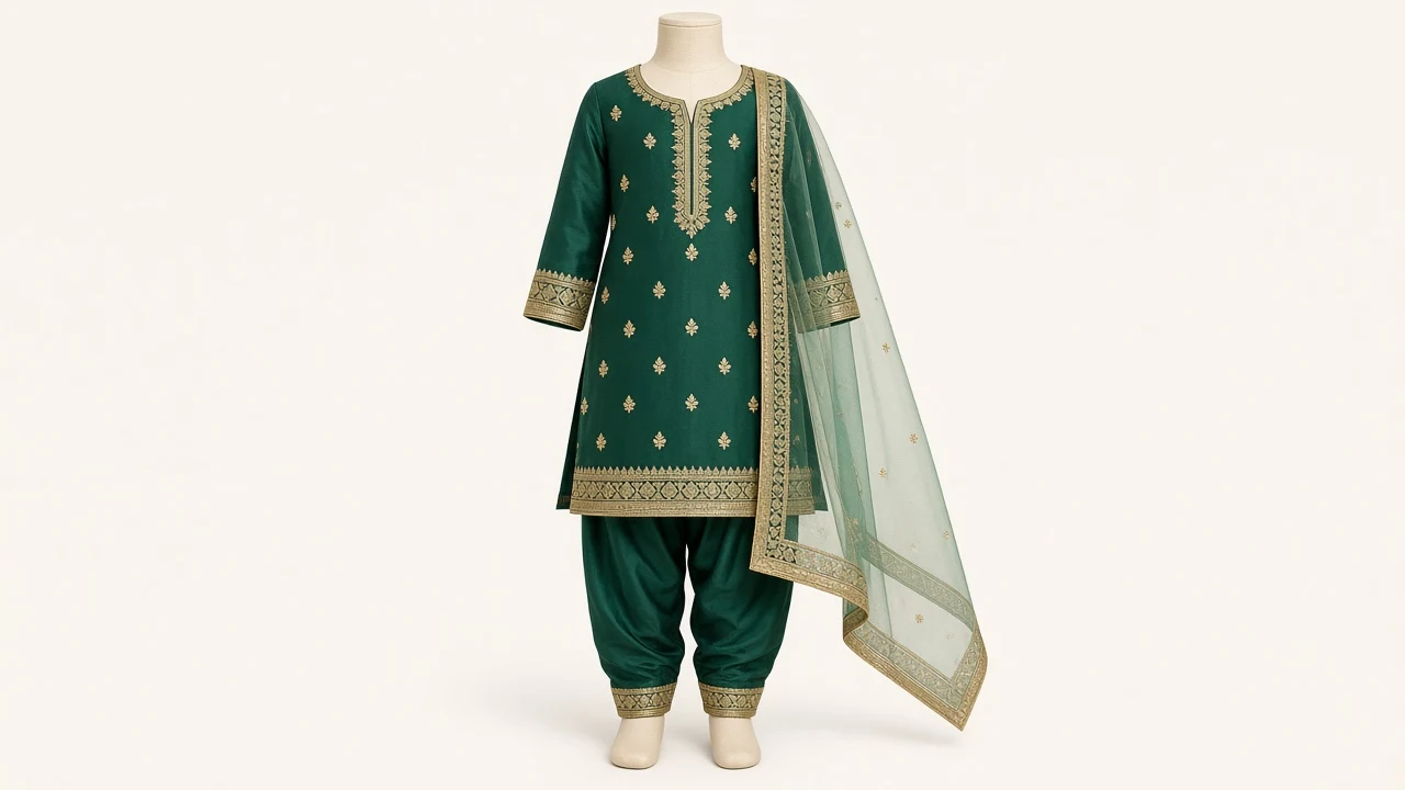 Emerald Gota Patti Salwar Kameez – Girls Green Silk with Gold Gota Borders | Custom Tailored Kids