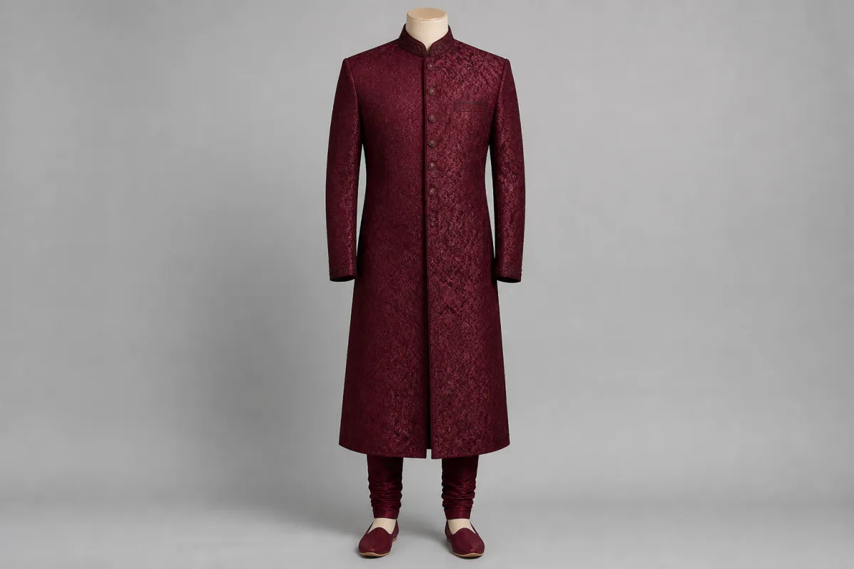 Burgundy Brocade Sherwani – Men's Burgundy Brocade Wedding Sherwani + Churidar | Custom Tailored