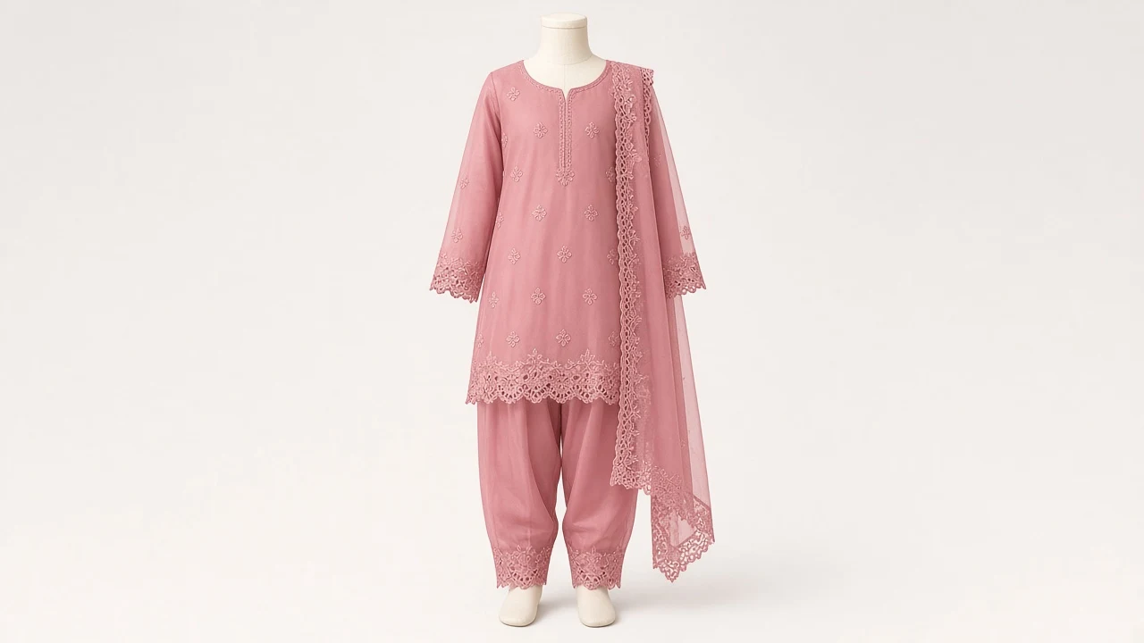 Rose Pink Cutwork Salwar Kameez – Girls Organza with Floral Lace Panels | Custom Tailored Kids