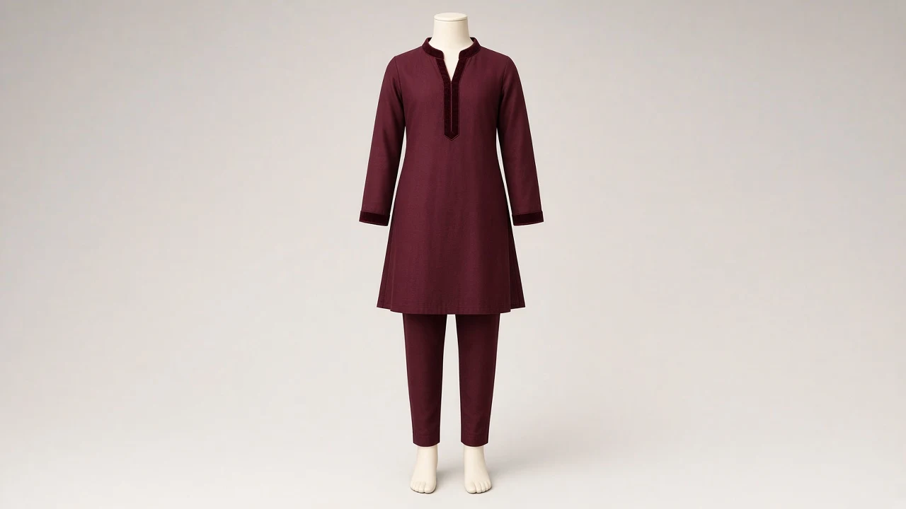Wine Velvet Trim Kurti Set – Girls Wine Kurti with Velvet Trim and Pants | Custom Tailored