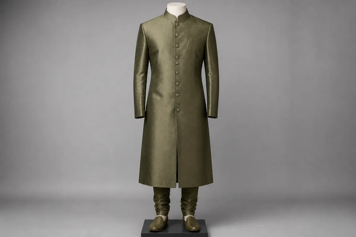 Olive Silk Sherwani – Men's Olive Silk Festive Sherwani + Churidar | Custom Tailored