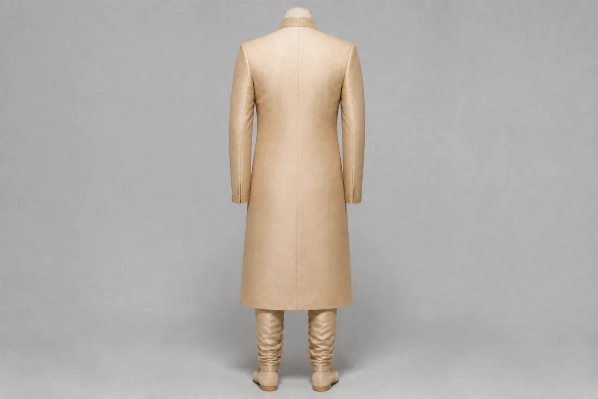 Beige Silk Sherwani – Men's Beige Silk Festive Sherwani + Churidar | Custom Tailored