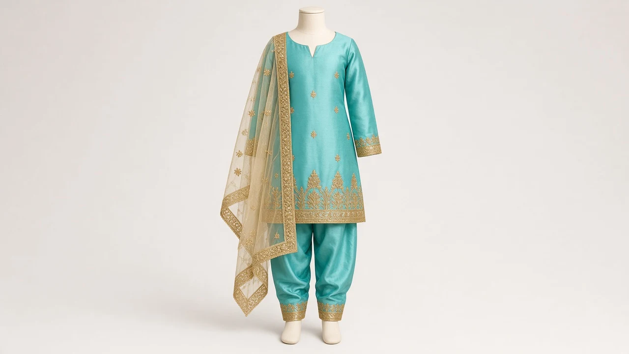 Turquoise Zari Temple Salwar Kameez – Girls Aqua Silk with Gold Border | Custom Tailored Kids