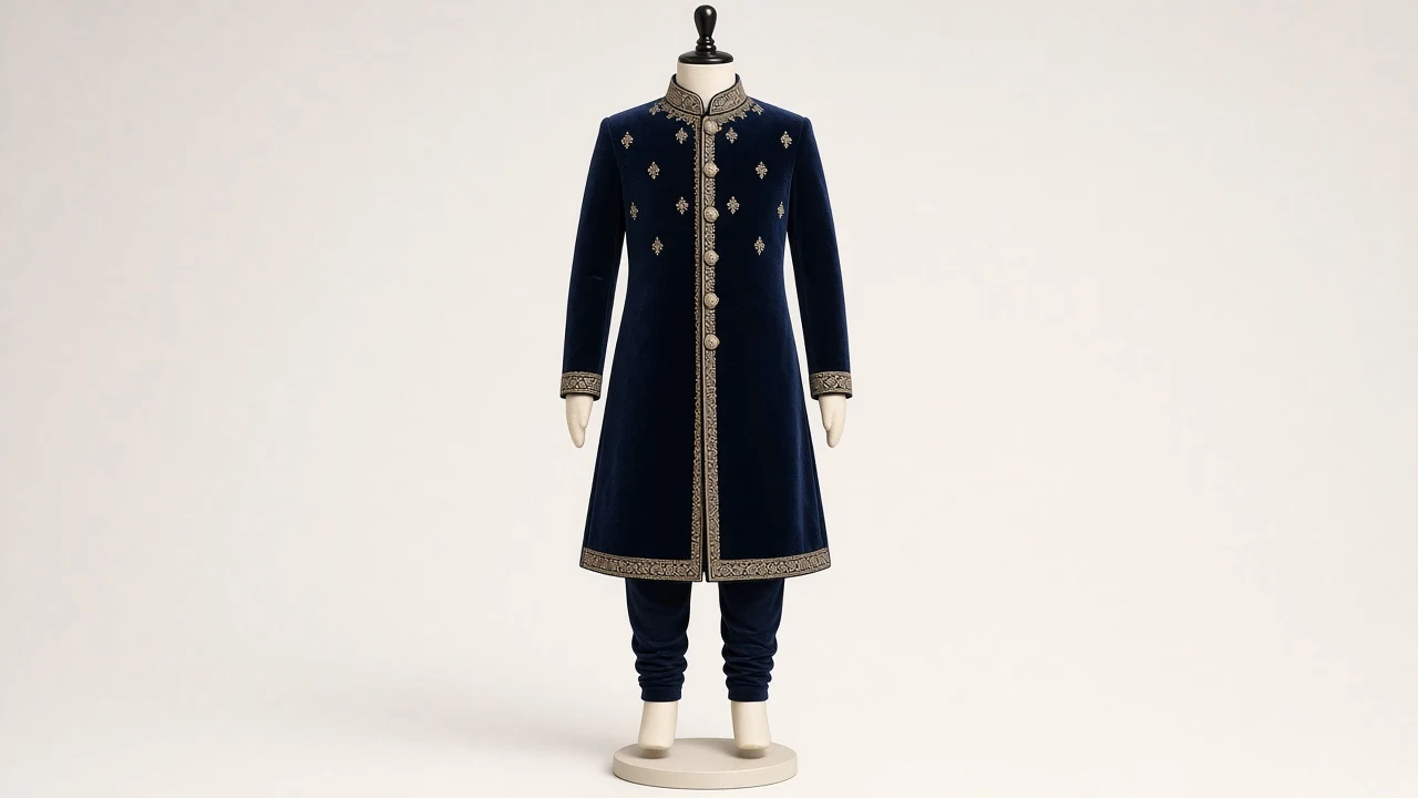 Navy Velvet Festive Sherwani – Boys' Navy Velvet Festive Sherwani + Churidar | Custom Tailored Kids