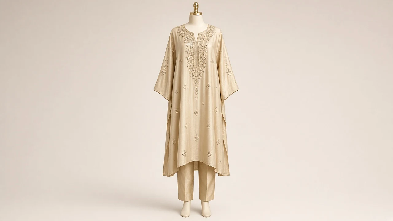 Champagne Gold Occasion Kaftan Set – Champagne Gold Embellished Kaftan with Matching Trousers | Custom Tailored