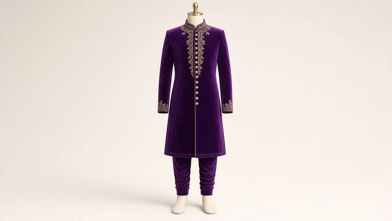 Purple Velvet Party Sherwani – Boys' Purple Velvet Party Sherwani + Churidar | Custom Tailored Kids