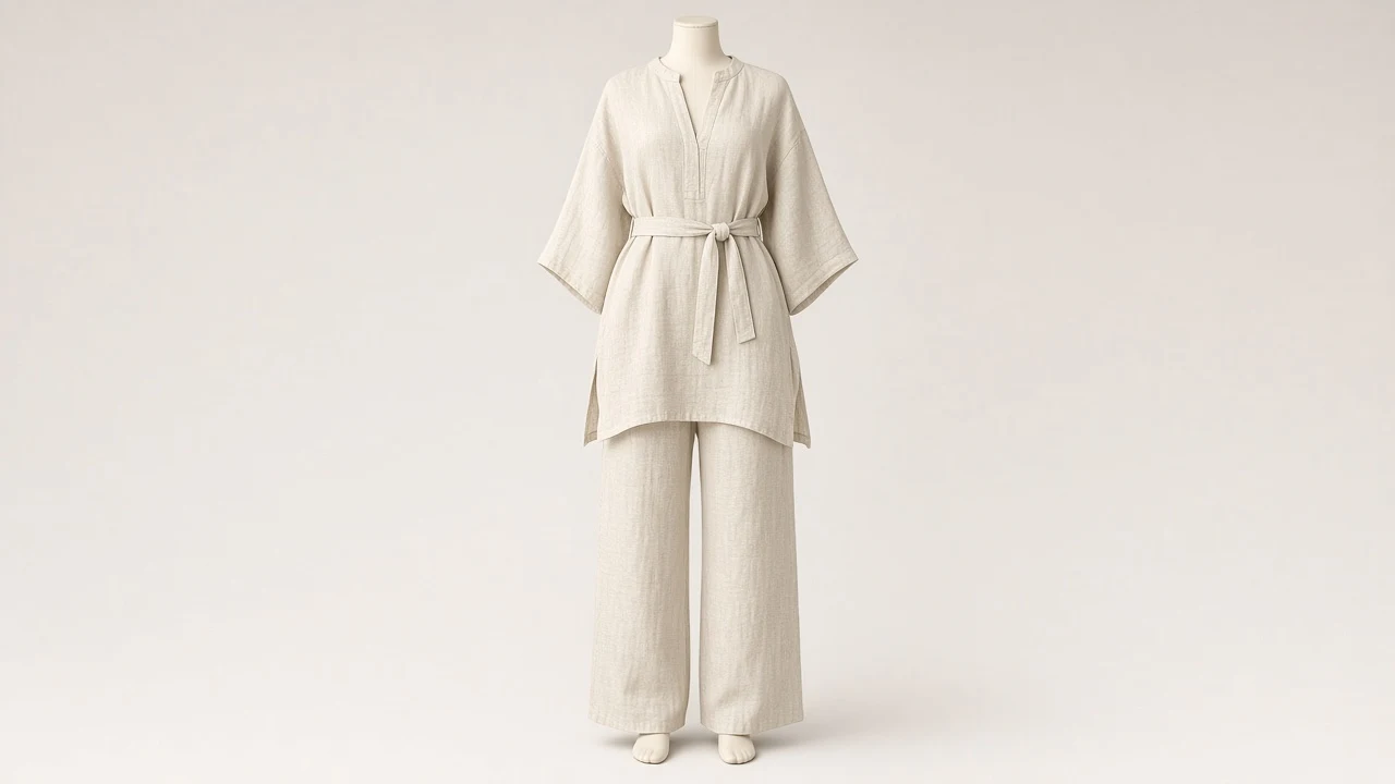 Cream Linen Resort Kaftan Set – Cream Linen Belted Kaftan with Wide Trousers | Custom Tailored