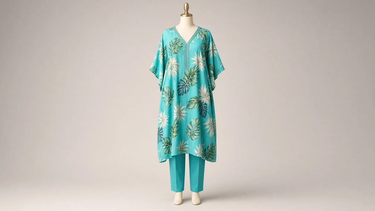 Turquoise Resort Print Kaftan Set – Turquoise Tropical Print Kaftan with Plain Turquoise Trousers | Custom Tailored