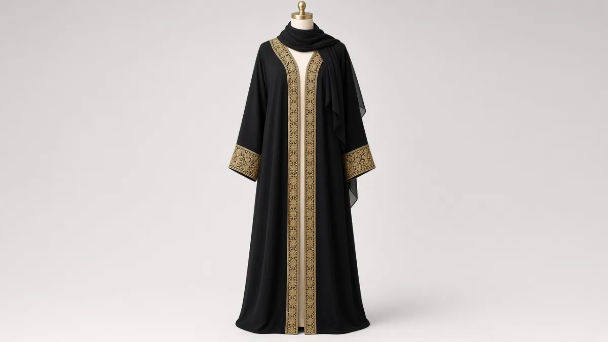 Black Gold Threadwork Abaya – Black Nida Abaya with Intricate Gold Zari Threadwork | Custom Tailored